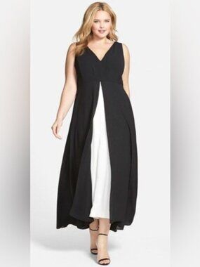 Women's Adrianna Papell Color block Black White V-Neck Jumpsuit Sleeveless 16W